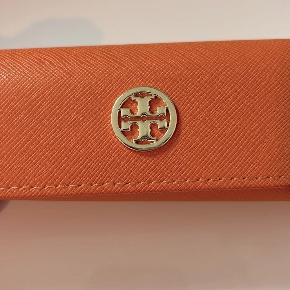 Tory Burch Small Leather Eyeglasses Case Orange with Gold-Tone Logo Hardware